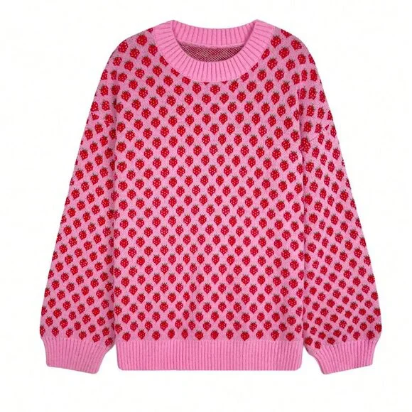 Multicolor Casual Women's Oversized Strawberry Crew Neck Sweater - Picture 4 of 7